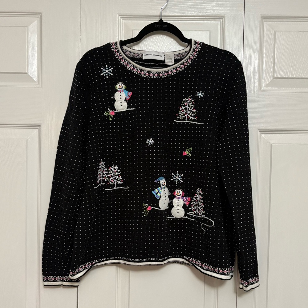 Alfred Dunner Black and Pink Knit Holiday Snowmen Sweater